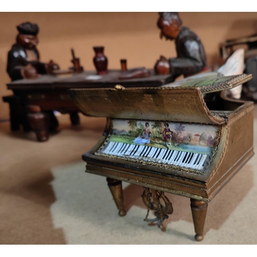 82 - A 'grand piano' musical box with Dresden style ceramic panels; a carved wood music box:  old co... 