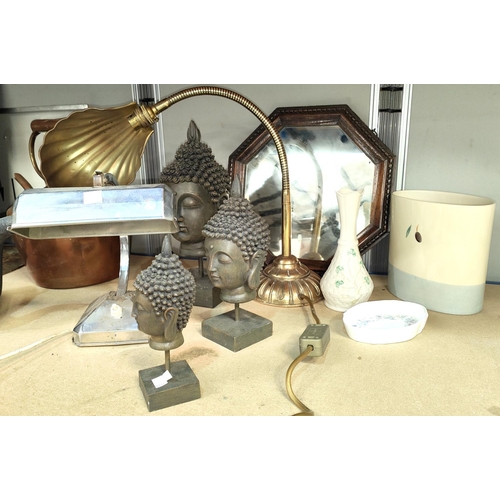 9 - A Chrome vintage desk lamp, a brass shell lamp and graduating modern buddha heads