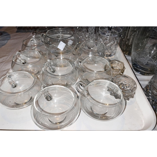 524 - A large punch bowl and cups, silver plated ladle; other glassware