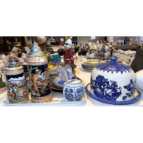 537 - A blue & white Stilton dish and cover; a large stein; etc.