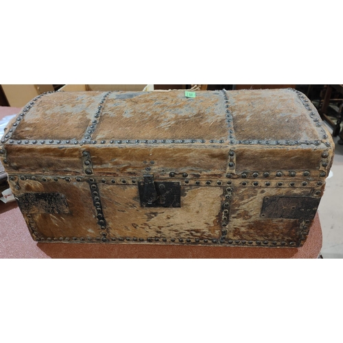 1003 - An 19th century horse hide dome top chest with studded decoration, 55x32x26cm