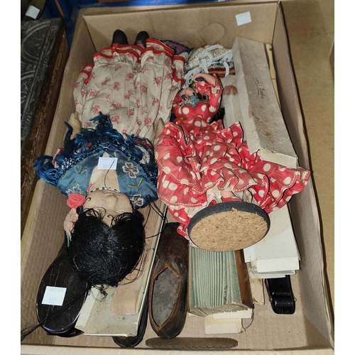 107 - A selection of collectables including dolls, fans, beadwork bags, Childs clogs etc