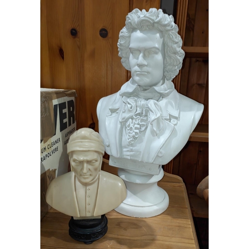 215B - A large plaster library style bust of Beethoven, height 45cm and a smaller Dante resin bust