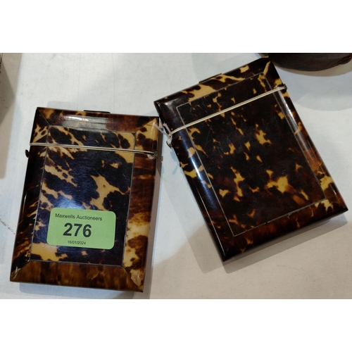 276 - Two Victorian tortoise shell card cases of rectangular forms with hinged lids, with bone trim, 10.5c... 