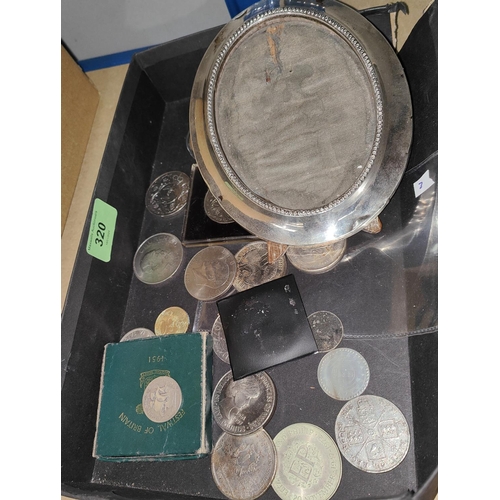 320 - A selection of GB and foreign coins (some facsimile) a silver photo frame (damaged)