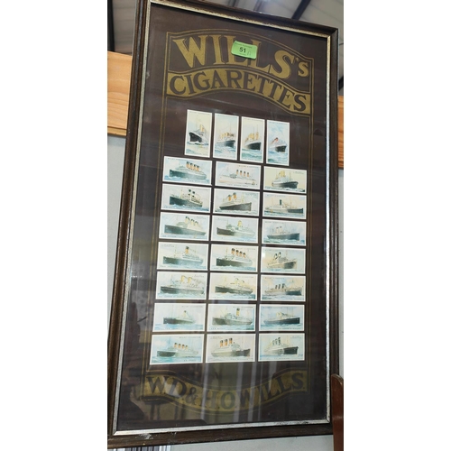 51 - A framed mounted set of Wills cigarette cards depicting ocean liners and a floral signed print