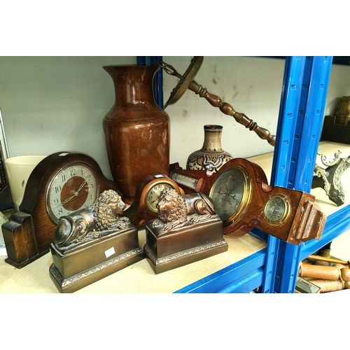 10 - A mahogany quartz mantel clock, oak mantel clock, a large heavy copper vase etc