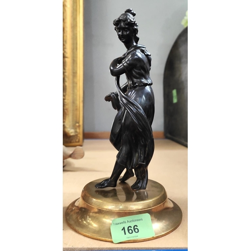 166 - A late 19th/ early 20th century French bronze of classical style female on brass plinth, height 23cm