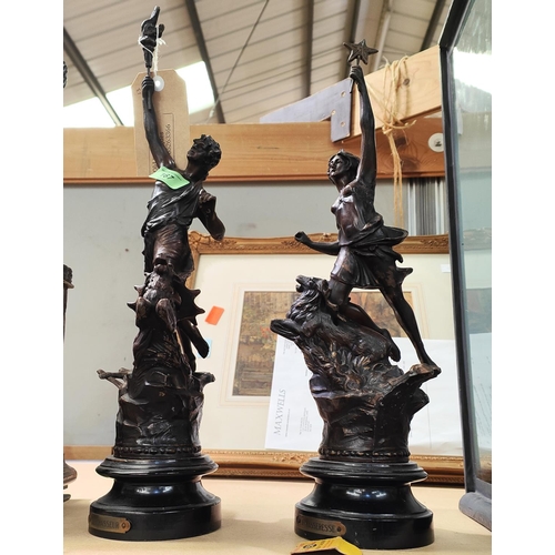 167 - A pair of spelter French figures, on wooden plinths, height 49cm