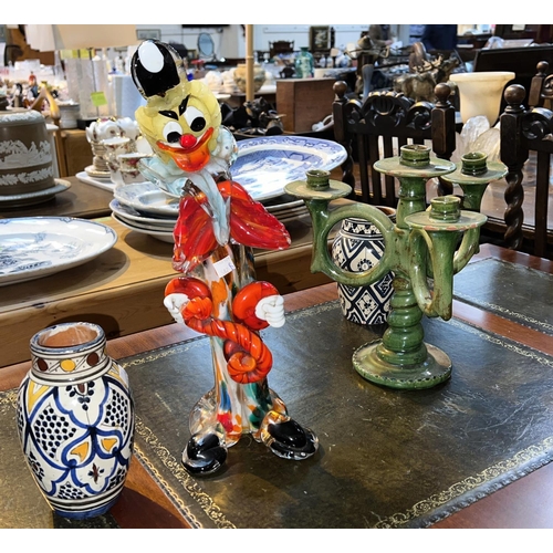 582B - An unusual pottery Arts & Crafts candelabra, two Iznik style glazed vases, a large vase and a gl... 