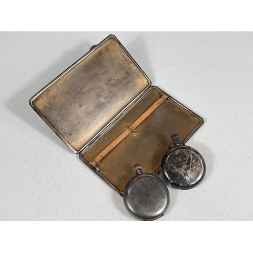 664 - An engine turned hallmarked silver cigarette case, Chester 1931 6oz; 2 gents pocket watches (a.f)