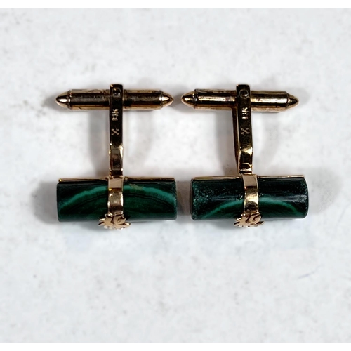 703 - A pair of Chinese yellow metal cufflinks set malachite, 12.3gm gross