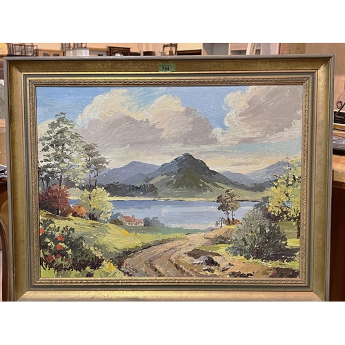 754 - 20th Century:  Lake landscape with mountains in the background, oil on board, unsigned, 45 x 60... 