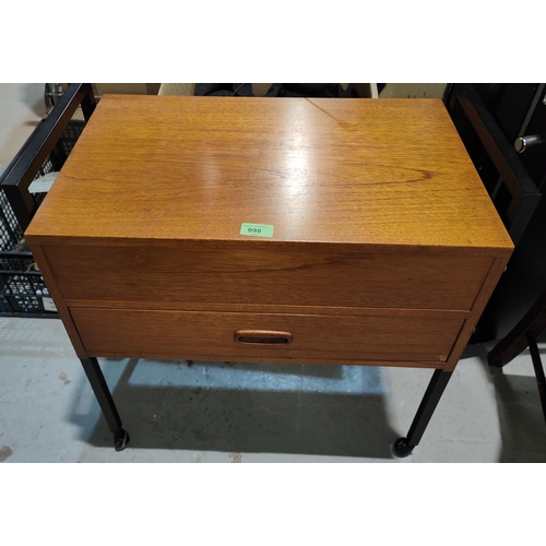 998 - A 1970's teak sewing box/occasional table on square metal frame