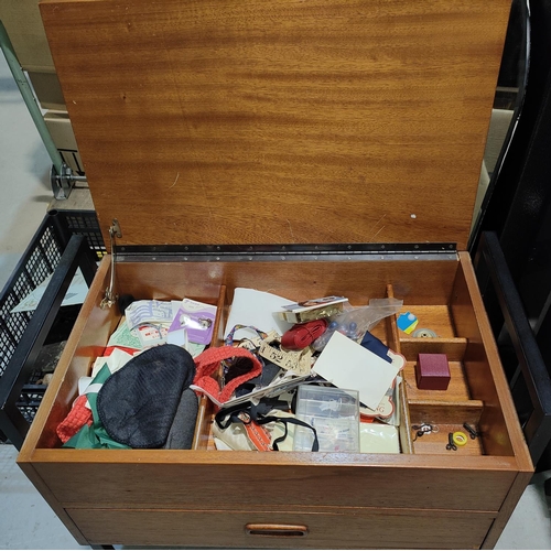 998 - A 1970's teak sewing box/occasional table on square metal frame