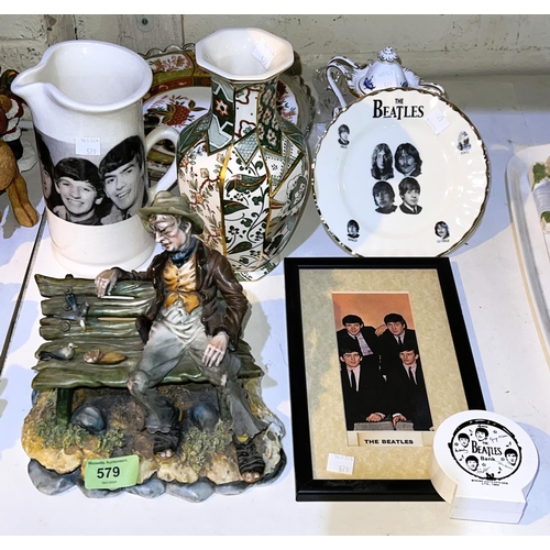 579 - A Royal Crown Derby 'Golden Peony' dish, a Capodimonte tramp on a bench, Beatles  collectables etcNo... 