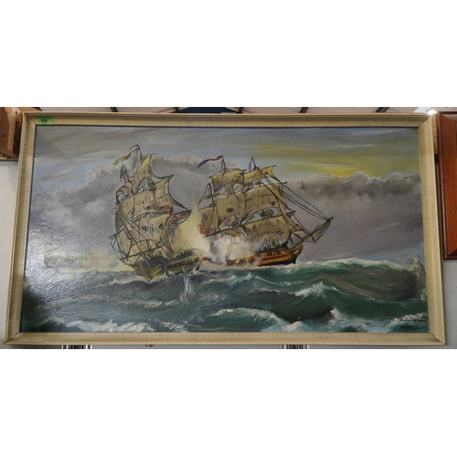 100 - An oil painting depicting fighting galleons; another of cottages in a landscape; prints; etc.