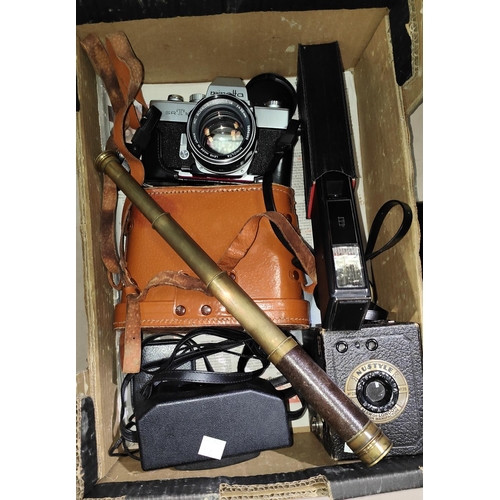 170 - A Minolta SLR SR T101 camera; a 19th century pocket telescope; a pair of binoculars and photographic... 