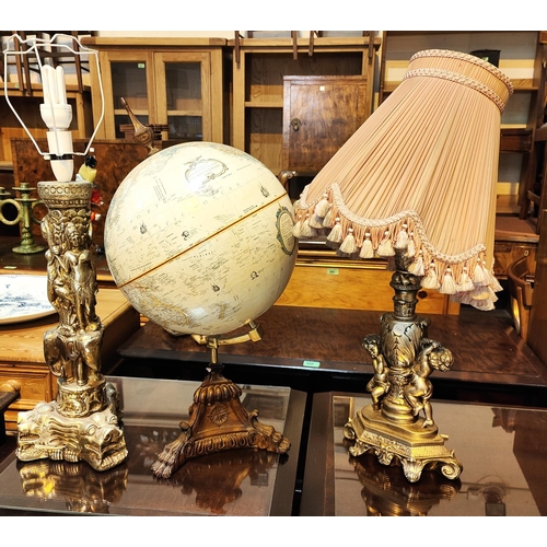 215 - An antique style globe and two similar reproduction lamps