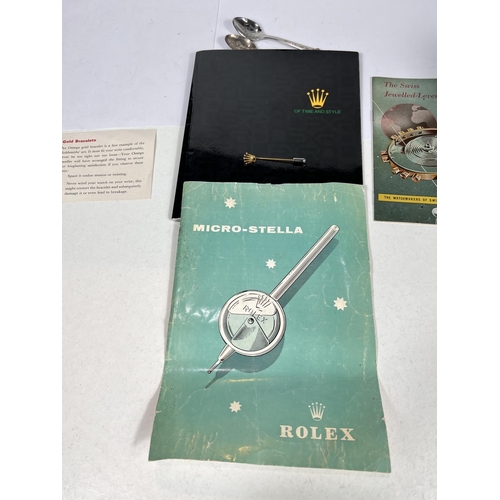 797 - A ROLEX stick pin , Spoons paperwork etc 