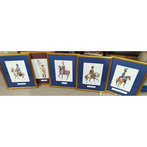 225 - A set of 8 prints:  European/Napoleonic soldiers, framed and glazed; 4 prints of sailing ships