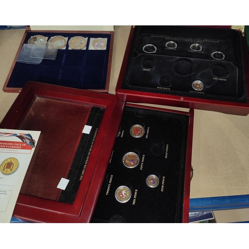 338 - 3 mahogany finish coin collectors cabinets with gold plated GB pre decimal coins, one other with 4 b... 