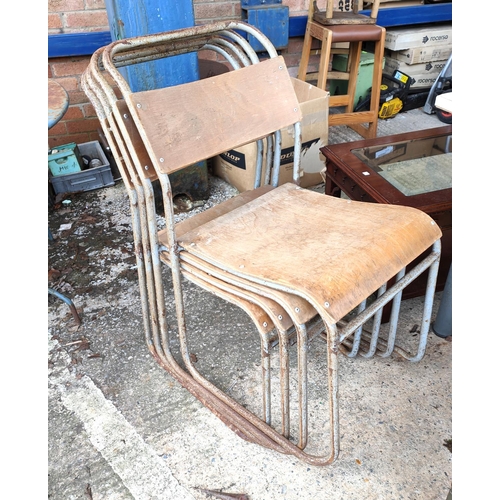 971A - Four vintage tubular metal chairs with wooden panel seats and backs 