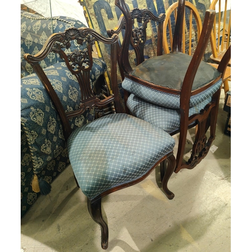 975 - Four mahogany salon style chairs, pierced backs, blue cushions; a full height wall cabinet glazed cu... 