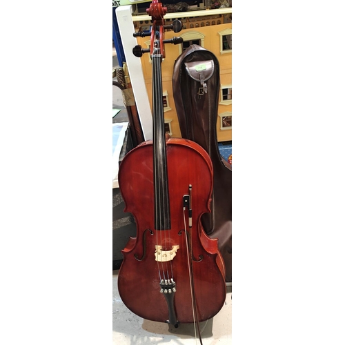 139 - A SHIMRO Cello, Korean of Staines type, with bow and case, music etc, 77cm