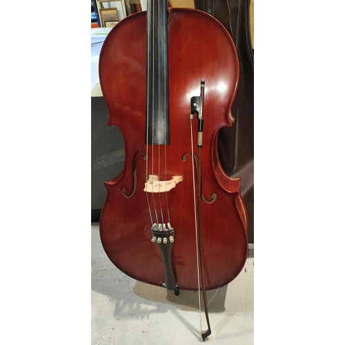 139 - A SHIMRO Cello, Korean of Staines type, with bow and case, music etc, 77cm