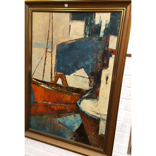 753 - 20th Century:  Impressionistic view of boats tied up, oil on canvas, unsigned, 90 x 60cm, frame... 