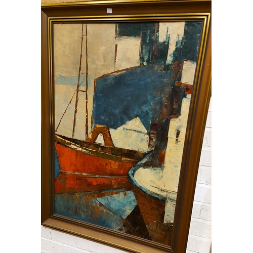 753 - 20th Century:  Impressionistic view of boats tied up, oil on canvas, unsigned, 90 x 60cm, frame... 