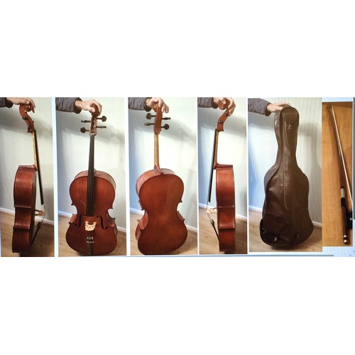 139 - A SHIMRO Cello, Korean of Staines type, with bow and case, music etc, 77cm