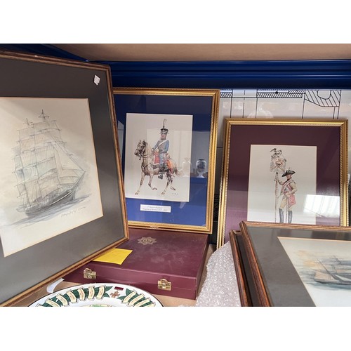 225 - A set of 8 prints:  European/Napoleonic soldiers, framed and glazed; 4 prints of sailing ships