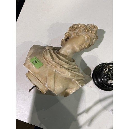 87 - A carved marble classical style head and shoulders bust of a woman, replacement base, 34cm