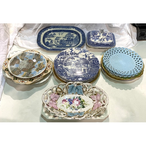 107 - A selection of blue & white and other decorative plates; dishes; etc.