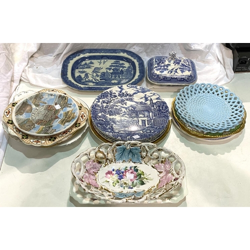 107 - A selection of blue & white and other decorative plates; dishes; etc.