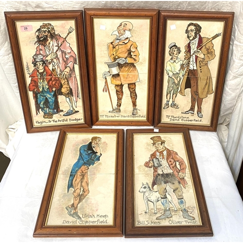 29 - A set of 5 double ceramic tile pictures depicting Dickens characters, framed