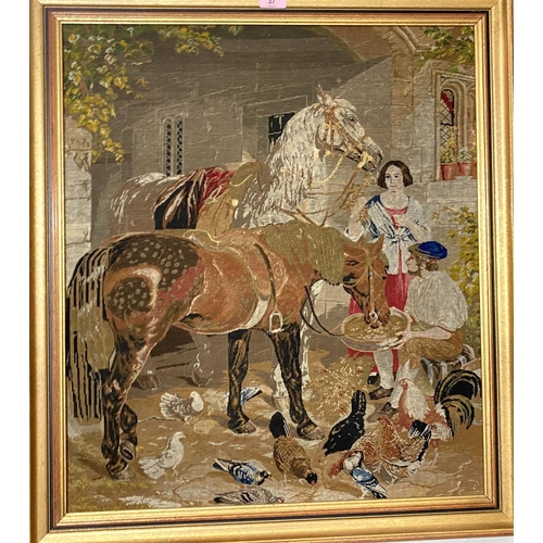 37 - A 19th century large Berlin woolwork:  man and woman feeding a horse outside a building, framed; ano... 