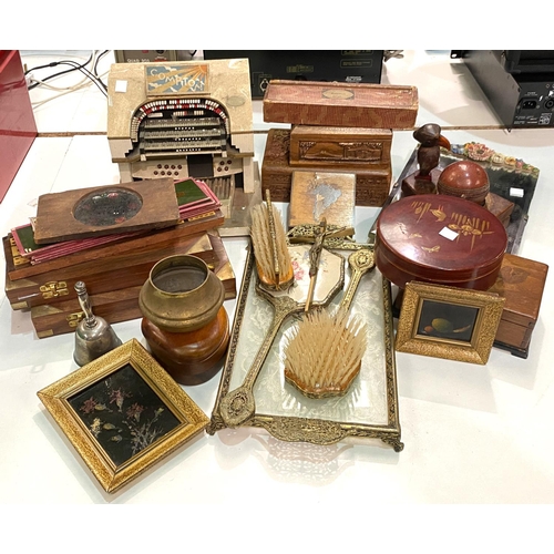 41 - A selection of wooden boxes and treen; magic lantern slides; etc.