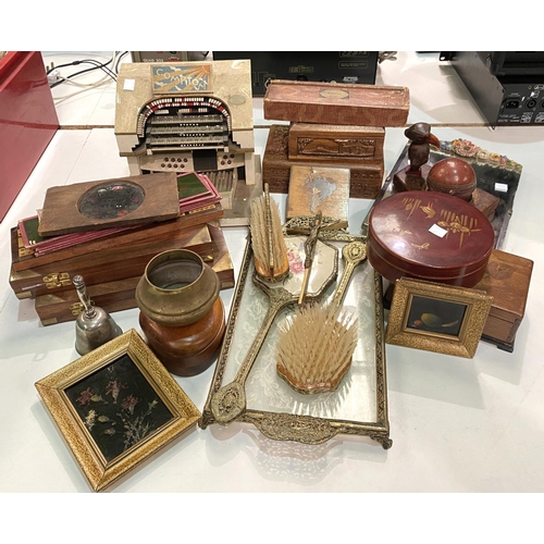 41 - A selection of wooden boxes and treen; magic lantern slides; etc.