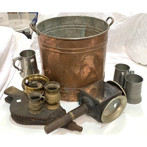 46 - A large cylindrical copper log box; a pair of bellows; a coach lamp; other metalware