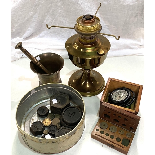50 - A 19th century bronze pestle and mortar; a brass oil lamp; a gimble compass in mahogany box; a part ... 