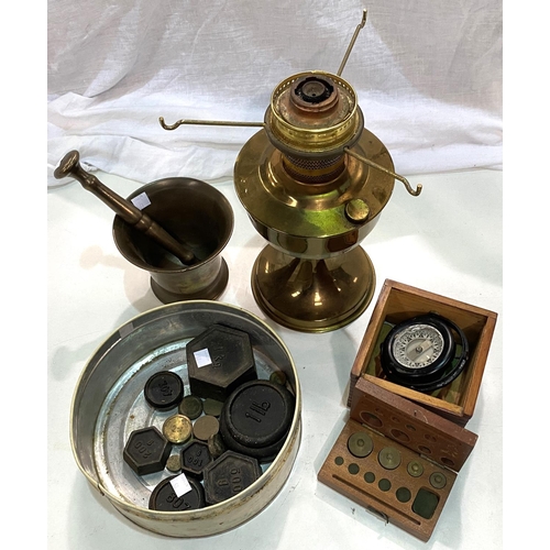 50 - A 19th century bronze pestle and mortar; a brass oil lamp; a gimble compass in mahogany box; a part ... 