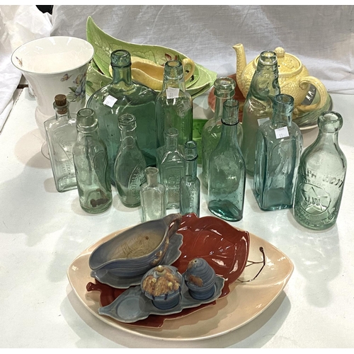 51 - A selection of Carltonware green leaf pieces; a selection of vintage glass bottles, some with g... 