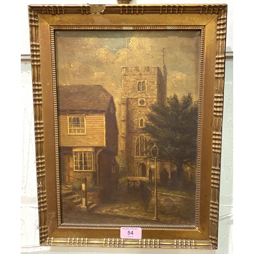 54 - 19th century oil:  church by a house; 2 modern oil paintings, floral subjects