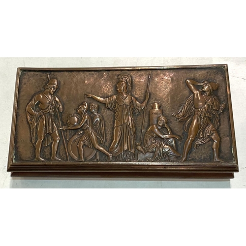 64 - A copper rectangular trinket box, the hinged lid embossed with a classical scene, length 15cm