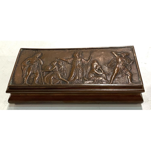 64 - A copper rectangular trinket box, the hinged lid embossed with a classical scene, length 15cm