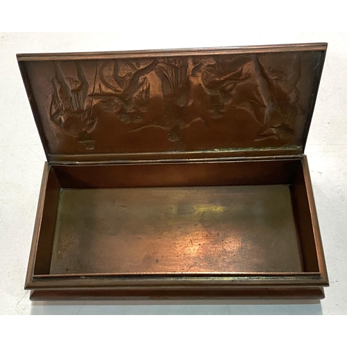 64 - A copper rectangular trinket box, the hinged lid embossed with a classical scene, length 15cm