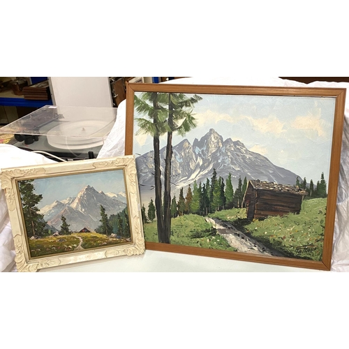 69 - Two modern oil paintings:  alpine scenes; 3 oriental pictures; a selection of reference books o... 